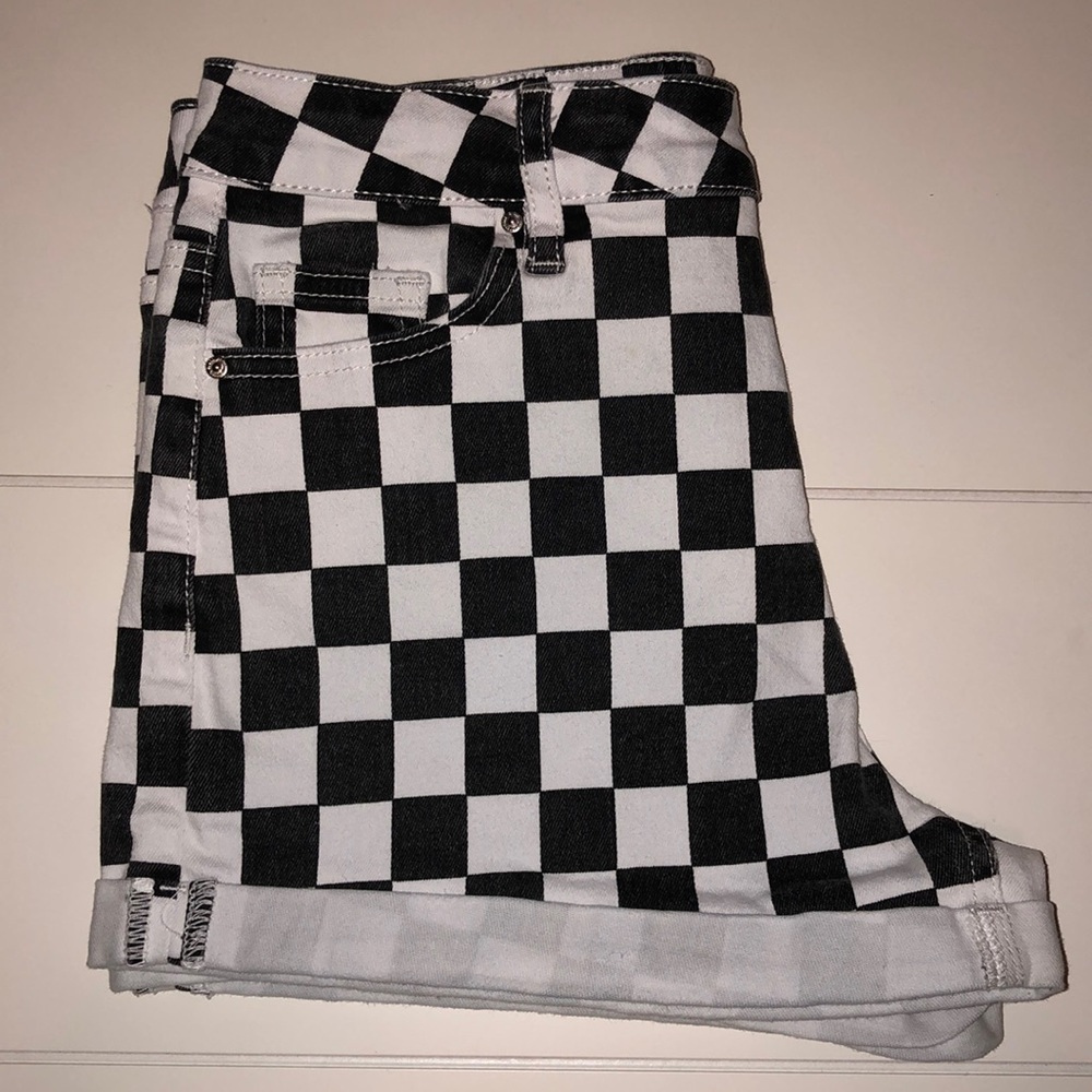 Checkered Denim Shorts